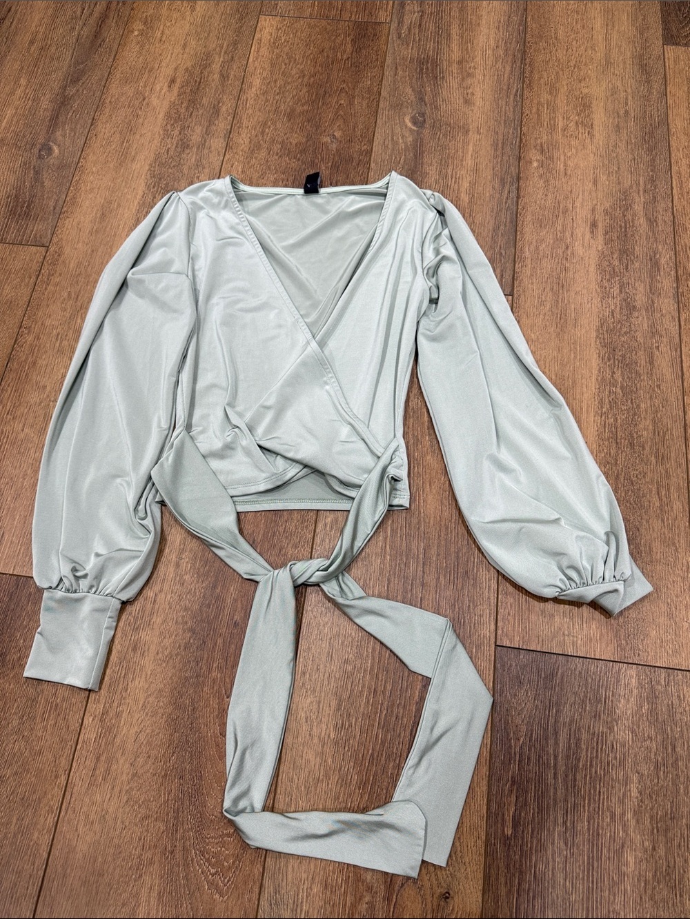 Windsor Sage Green Wrap Blouse with Balloon Sleeves.